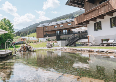 Gartenteich im Sommer bei Sonnenschein mit Blick auf die Berge, Naturbadeteich, Sommerurlaub in den Bergen