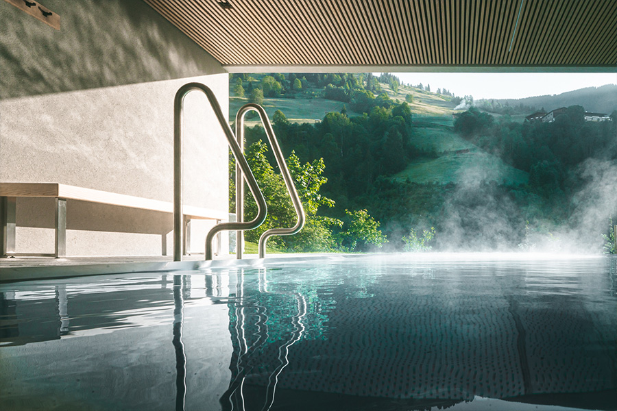 Pool Hotel Saalbach, Pool mit Ausblick, Bergblick, beheizter Außenpool